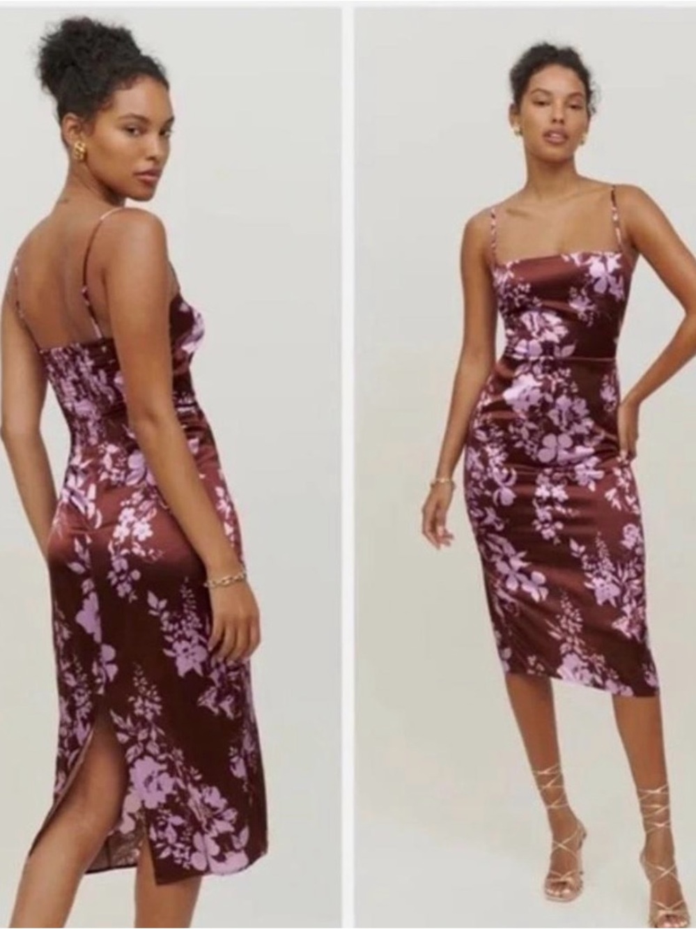 Reformation Brown Midi Dress with Lilac Floral Print